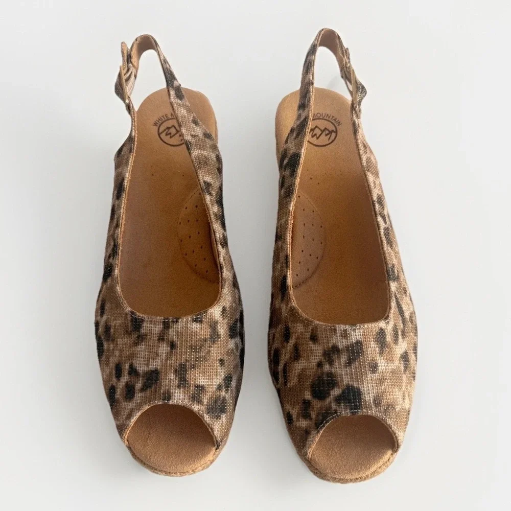 White Mountain Women's 10 Maize Leopard Fabric Peep Toe Espadrille Wedge Sandals